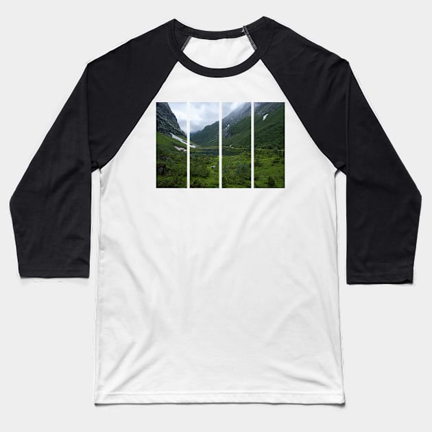 Wonderful landscapes in Norway. Vestland. Beautiful scenery of Urasetra and surroundings. Cows, lake, road and snowed mountain. Paradise and heaven. Cloudy day Baseball T-Shirt by fabbroni-art